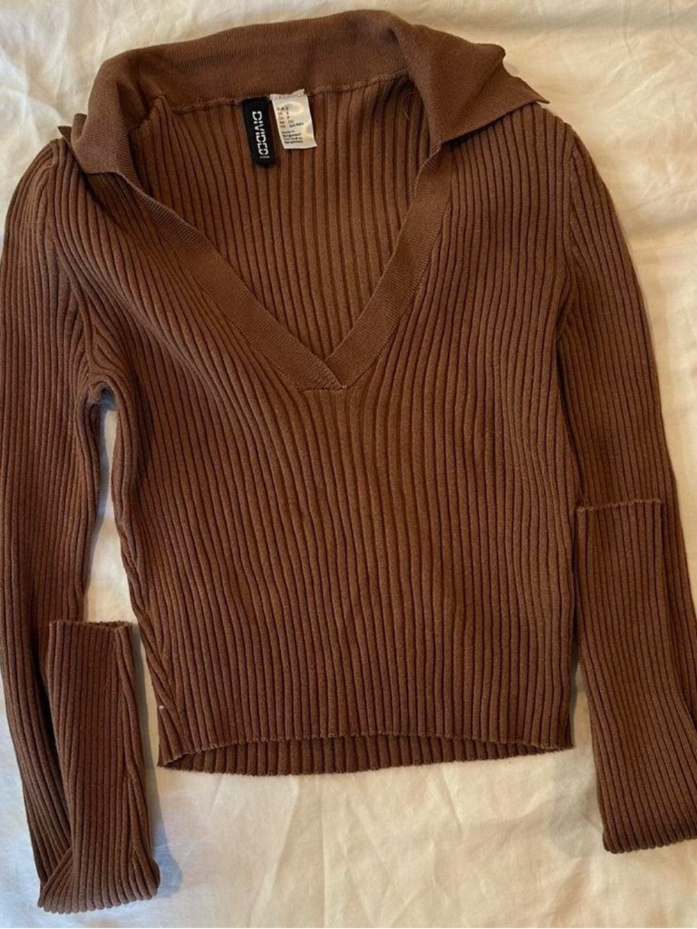 H&M Brown Ribbed V-Neck Collared Women's Sweater
